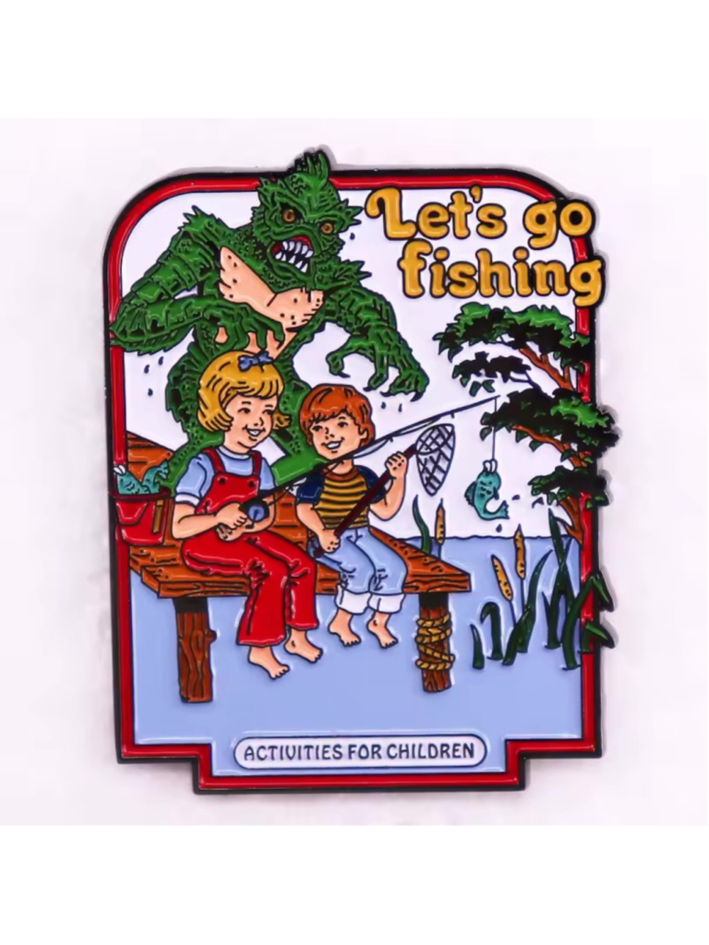 Funny Retro Style Horror Lake Monster ‘Lets Go Fishing’ Enamel Pin
